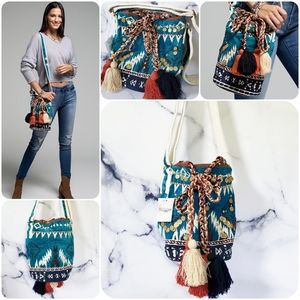 NWT Handwoven Coin Pendant and Tassel Boho Tribal Print Bucket Bag